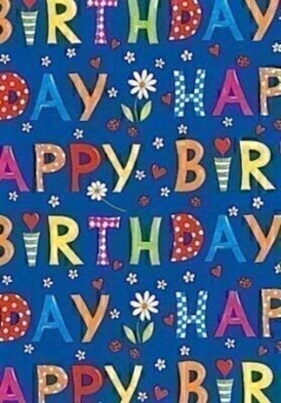Happy Birthday, Blue and bright coloured writing, Gift Wrap on a roll by Stewo. Quality Wrapping Paper. White Kraft Striped 70gsm.  Size 70cm x 2m